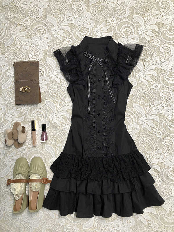 Dark Coquette Stand-up Collar Shirt Dress