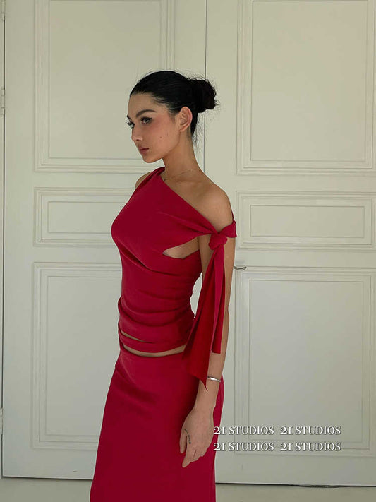 Asymmetrical Sloping Shoulder Ribbon Suit