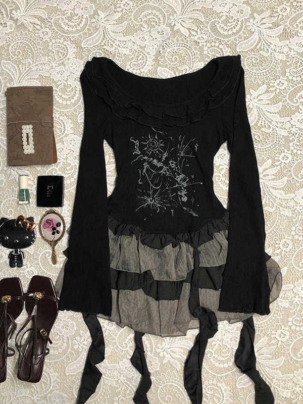 Black Patchwork Printed Long-sleeved Dress