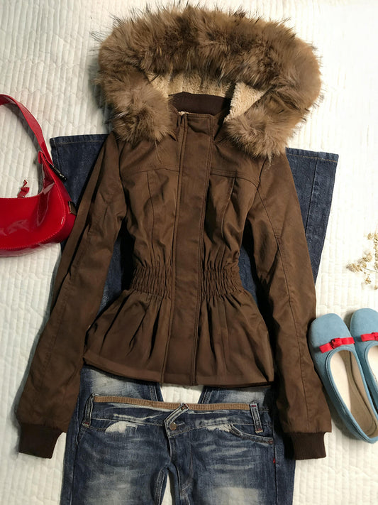 brown retro fur collar hooded waist slimming velvet overcoat