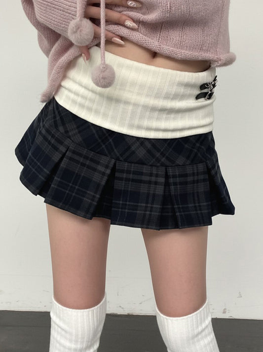 Vintage Plaid Patchwork Low-Rise Pleated Skirt