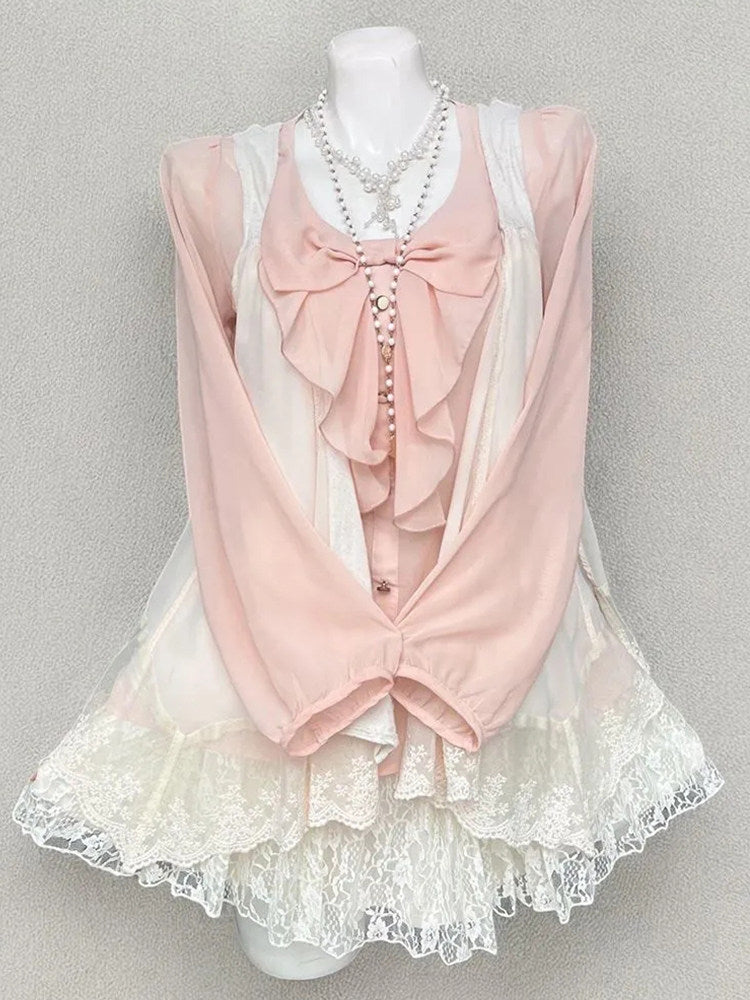 Pink Girly 3-Piece Layering Outfit: Cardigan + Top + Short Skirt