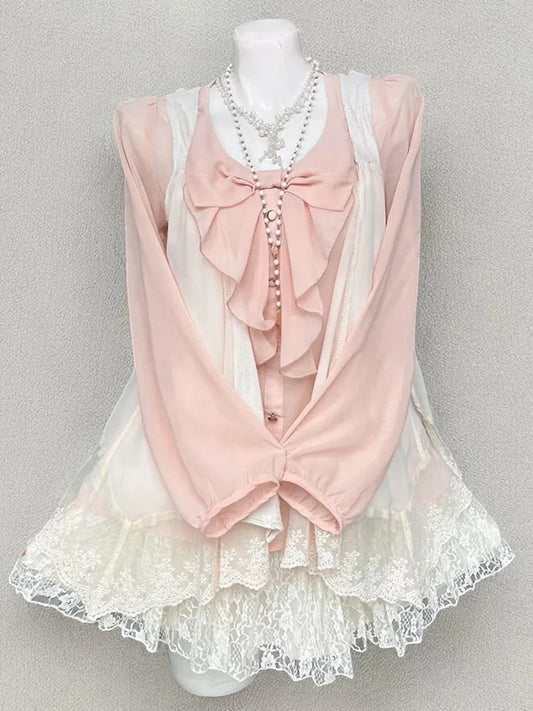 Pink Girly 3-Piece Layering Outfit: Cardigan + Top + Short Skirt