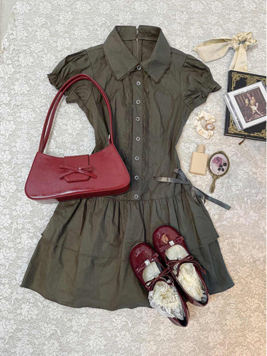 Olive Green Shirt Short-sleeved Dress