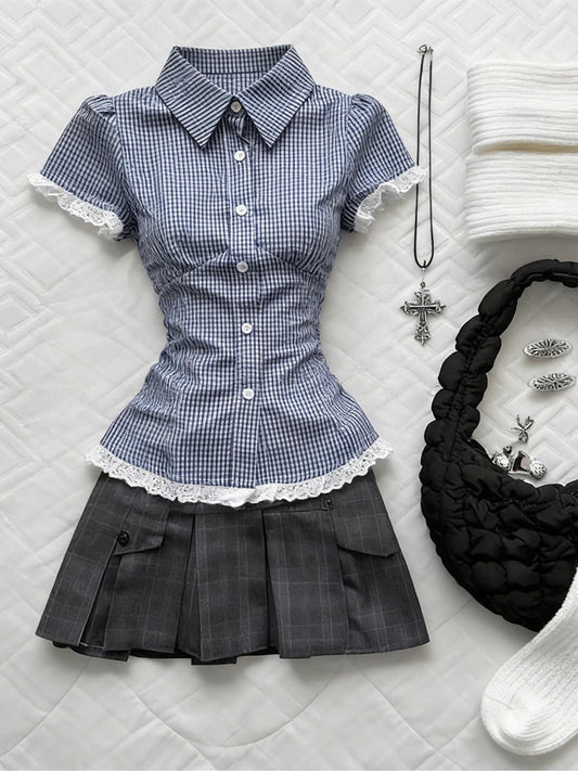 retro plaid lace trim shirt