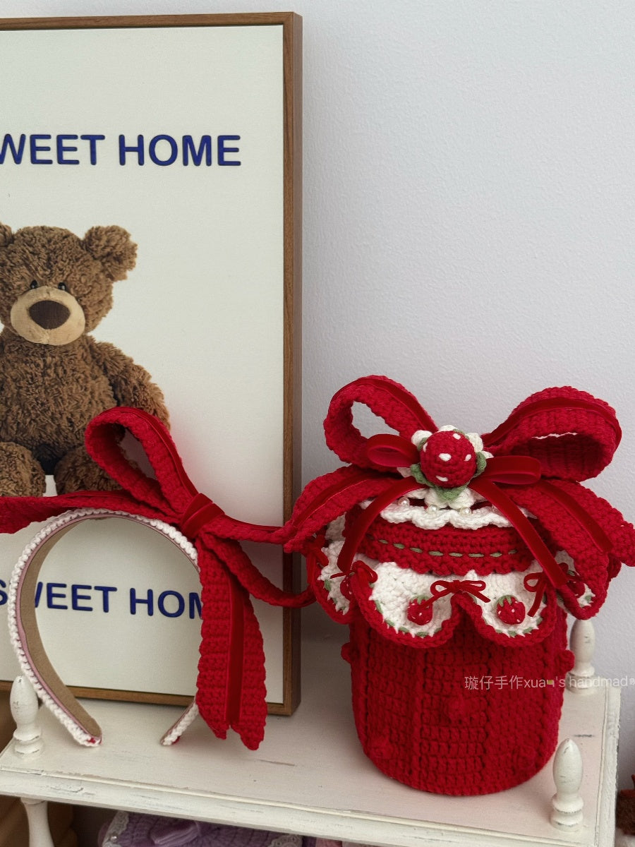 diy crochet Red velvet bow bucket bag
