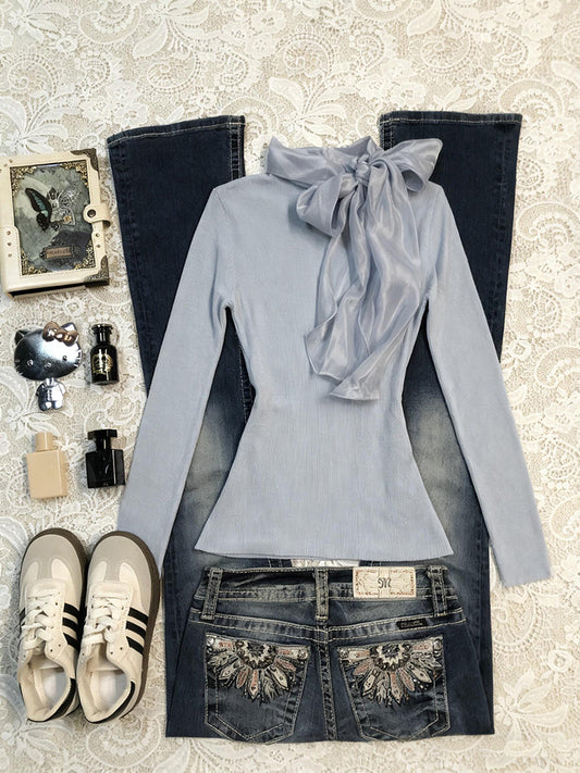 retro blue ribbon long-sleeved shirt