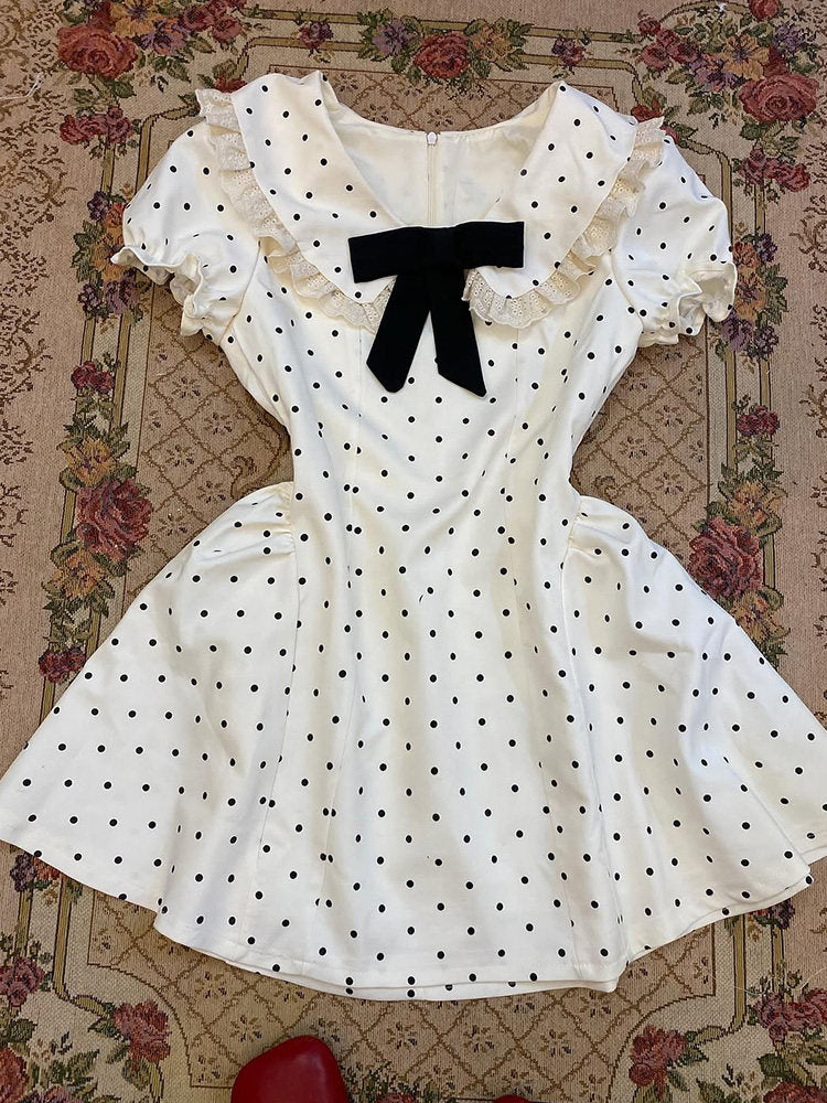 French white bow polka dot dress