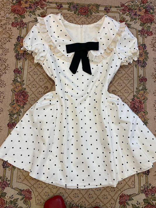French white bow polka dot dress