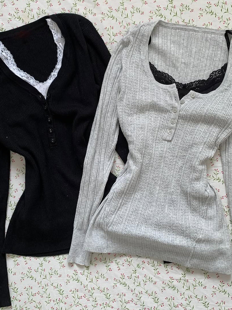 lace suspender U-neck long-sleeved top