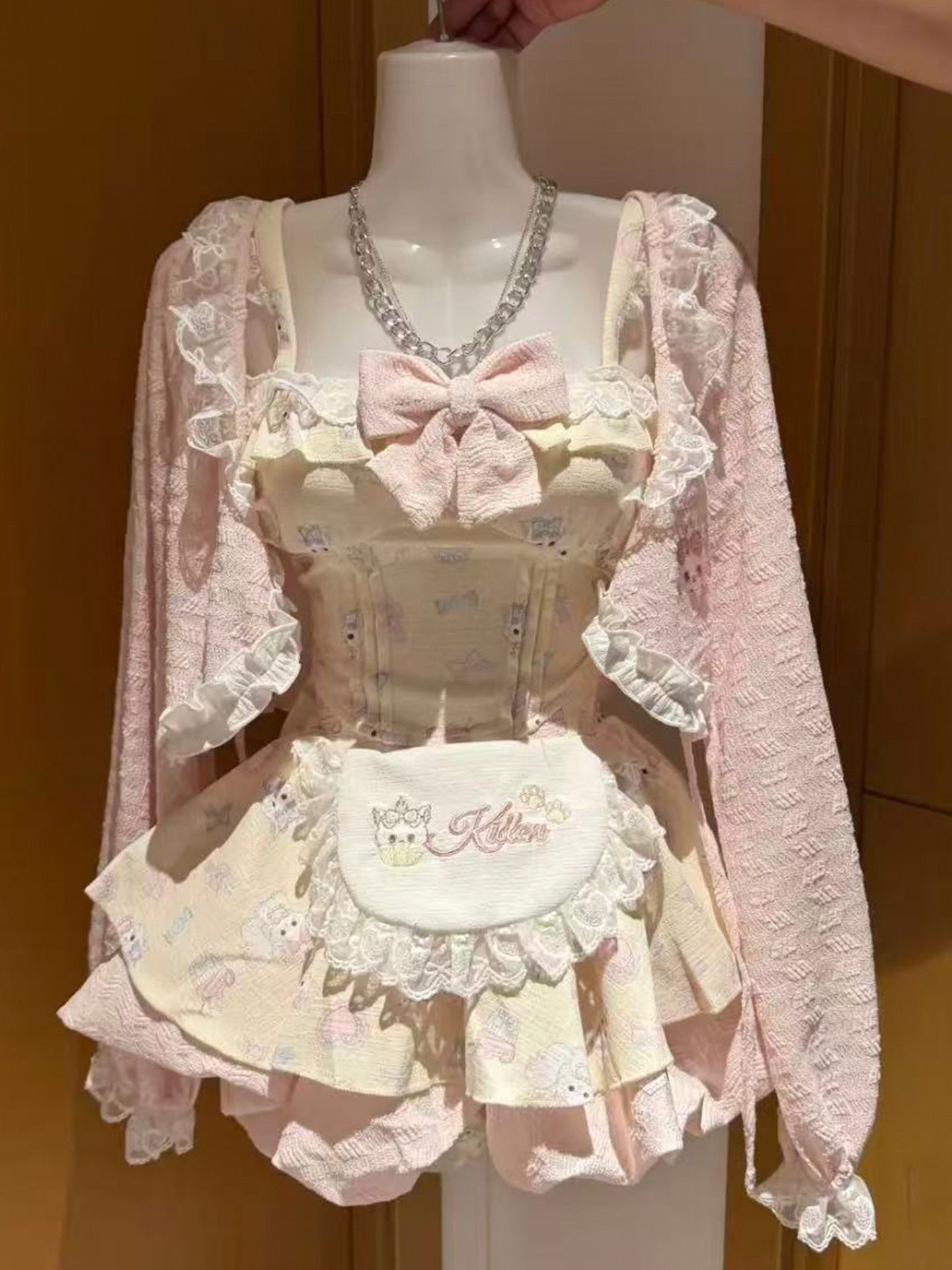 Bow Lace Puffy Suspender Skirt 3-Piece Set