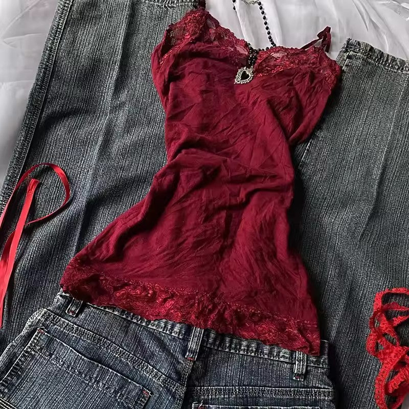 retro red gothic style lace tank top