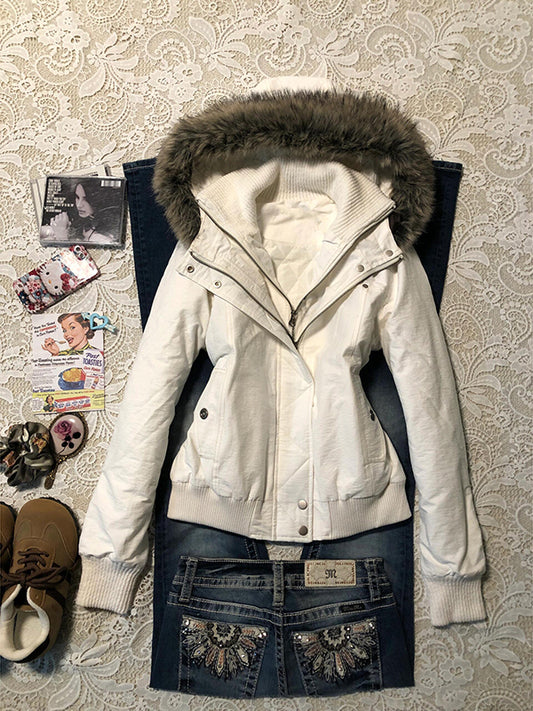 retro white quilted fur collar hooded cotton coat