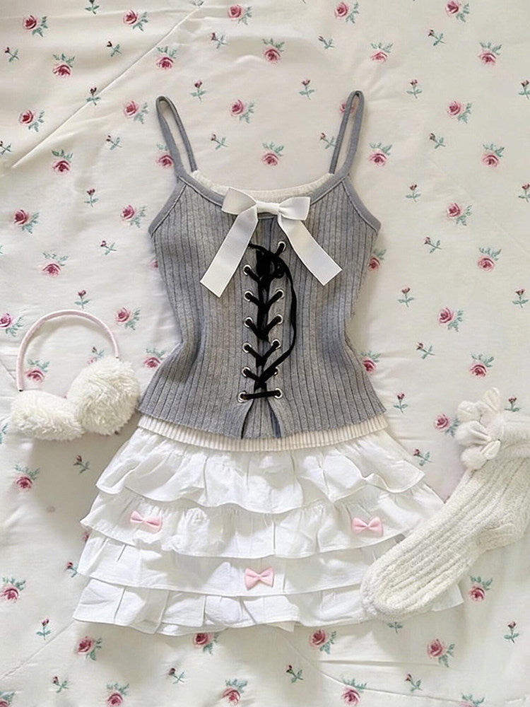 retro gray white bow tank top