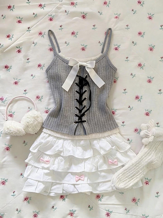 retro gray white bow tank top