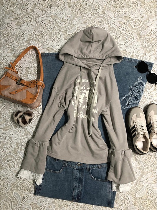 gray letter print hooded sweatshirt