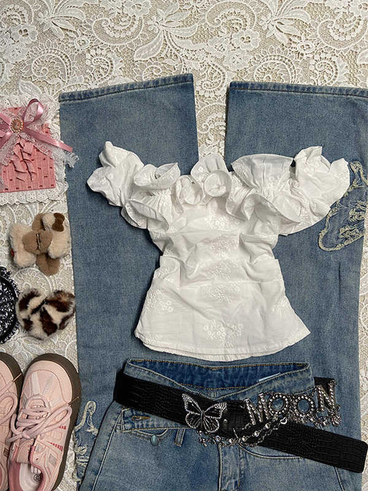 White Embroidered Ruffled Shirt