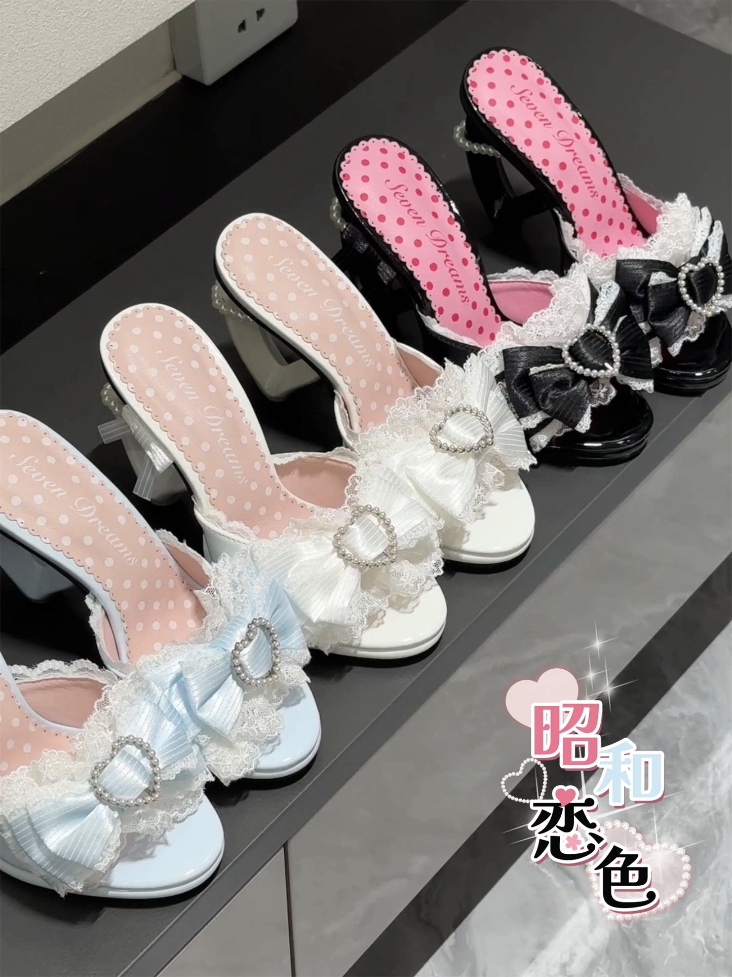 lace bow heart high heels