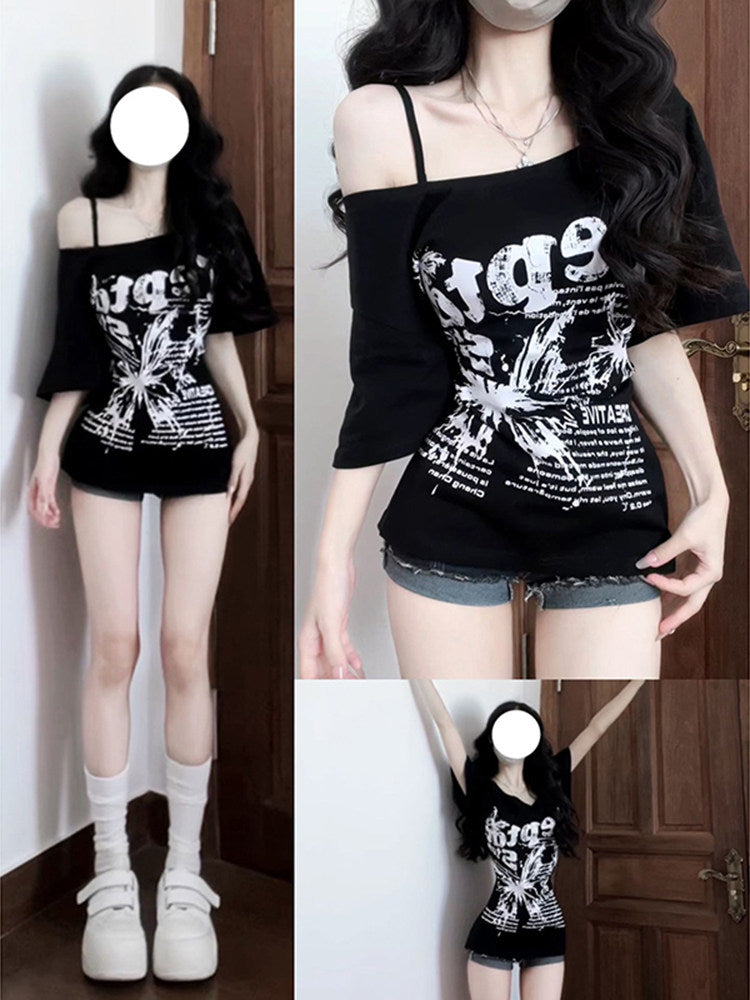 Graphic print off-shoulder short-sleeve tee
