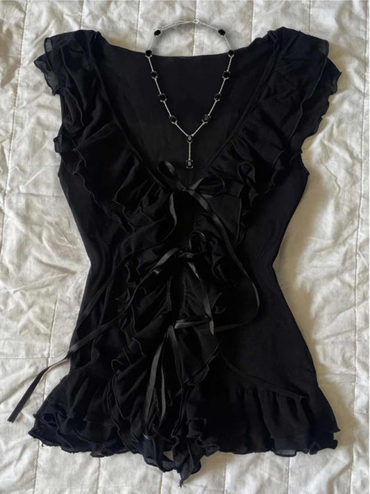 Black Bow Tie V-neck Top