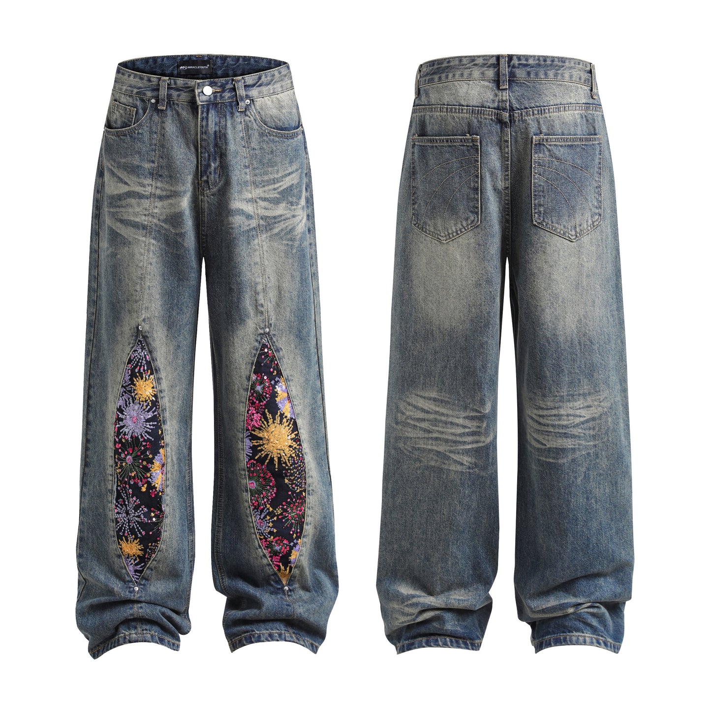 Vintage embroidered firework patchwork jeans
