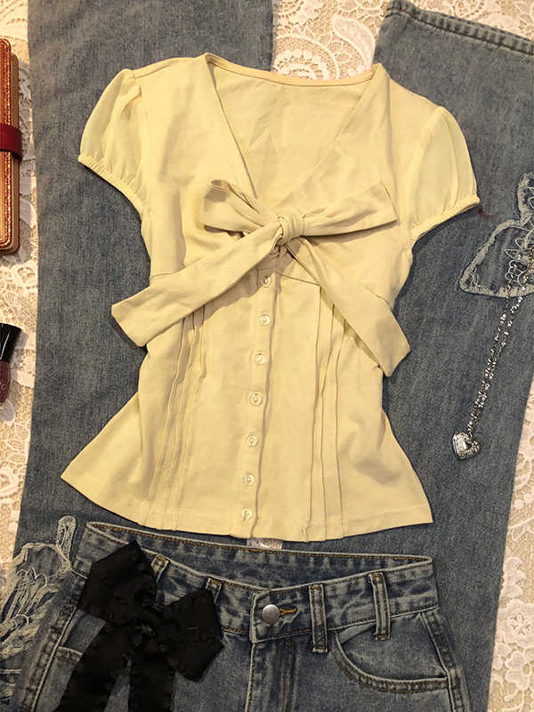 Yellow Bow Tie V-neck T-shirt