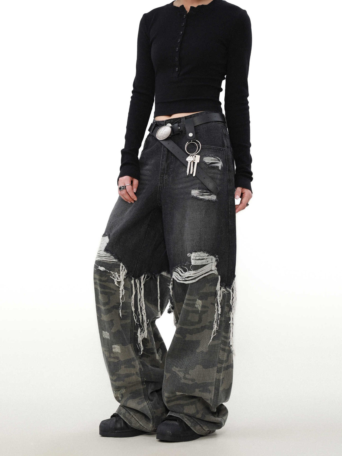 Grunge Camouflage Splicing Tassel Ripped Jeans