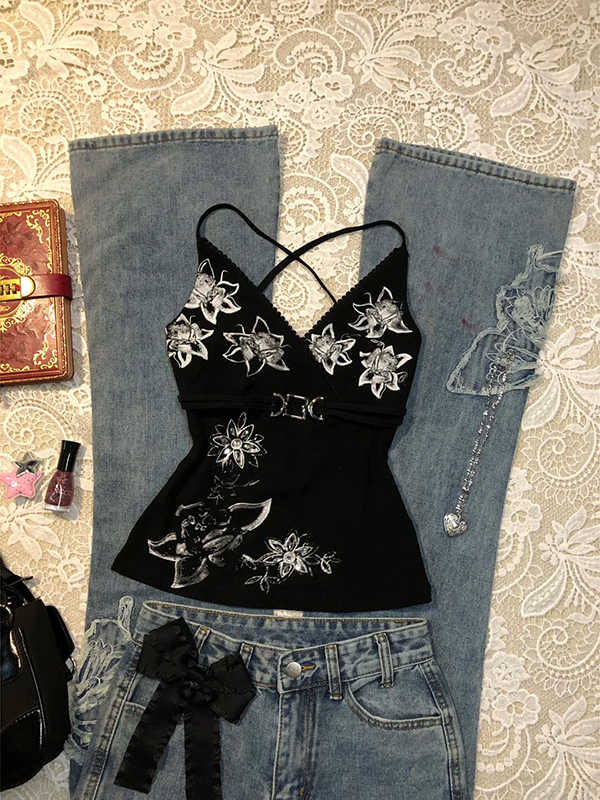 Black Printed Flower Tank Top