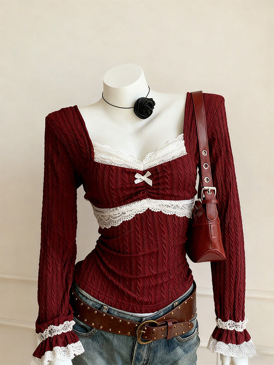 burgundy lace knit ling-sleeved top