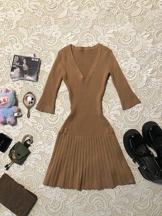 French retro new V-neck mid-sleeve dress