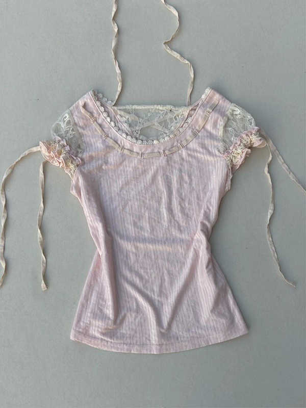 Pink Lace Splicing Short-sleeved Top