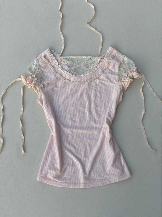 Pink Lace Splicing Short-sleeved Top