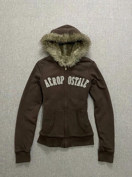 Brown Letter Fleece-Lined Hooded Jacket