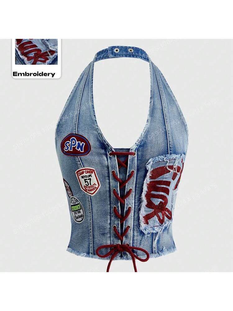 Vintage Print Denim Halter Top