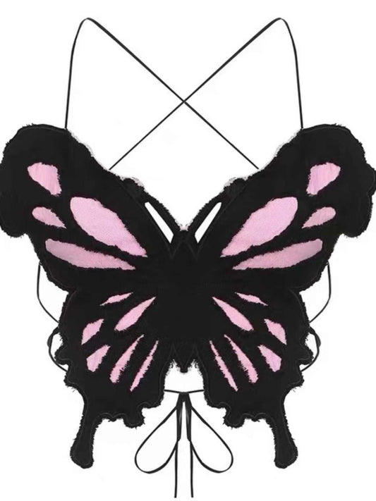 Butterfly Embroidered Strap Backless Top