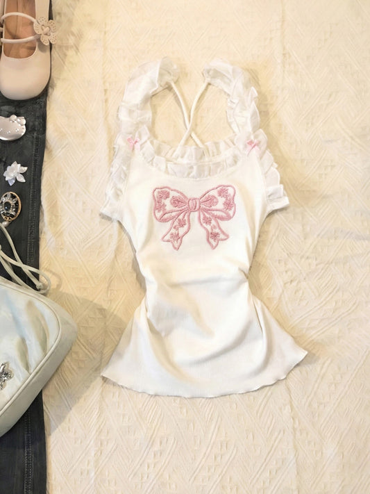 vintage lace trim bow tank top