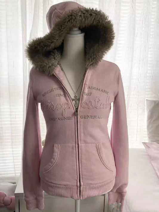 y2k retro pink letter fur collar hooded jacket