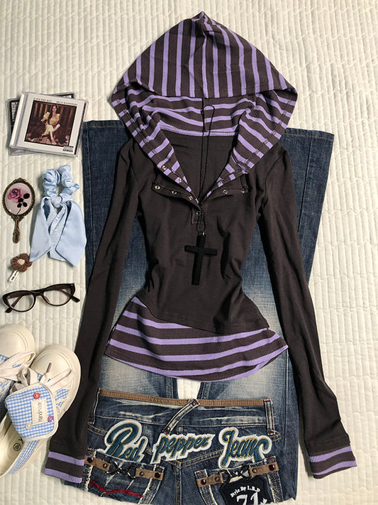 purple striped fake two-piece long-sleeved Top