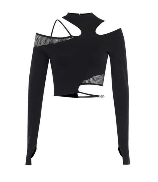 Acubi Mesh Hollow Irregular Long-sleeved Top