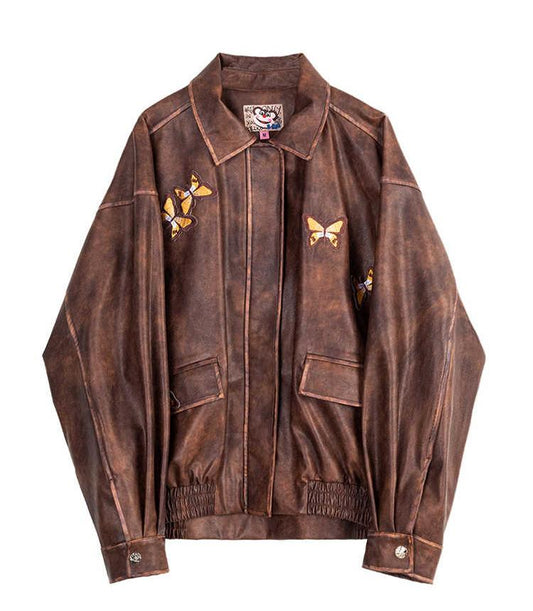 Butterfly Embroidery Brown Leather Jacket