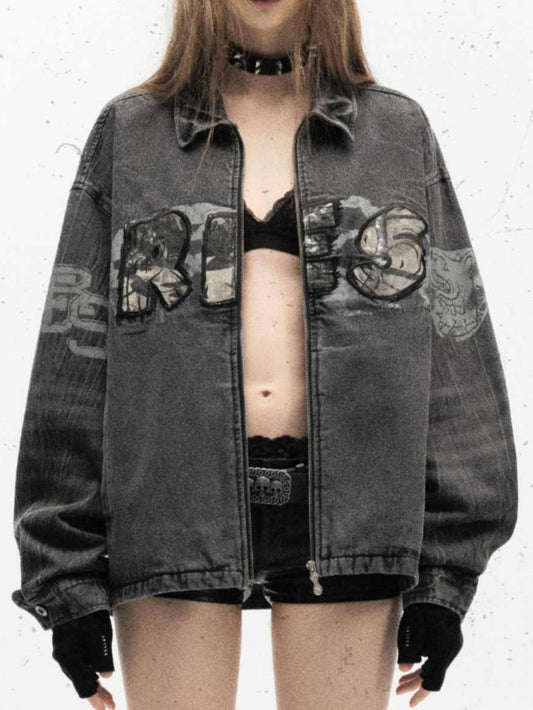 Grunge Camouflage Patchwork Denim Jacket