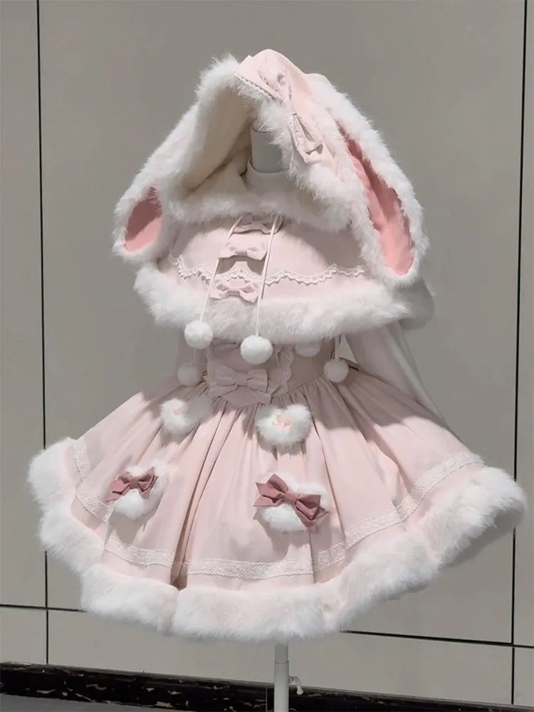 cute pink fur rabbit ears kawaii coat suit