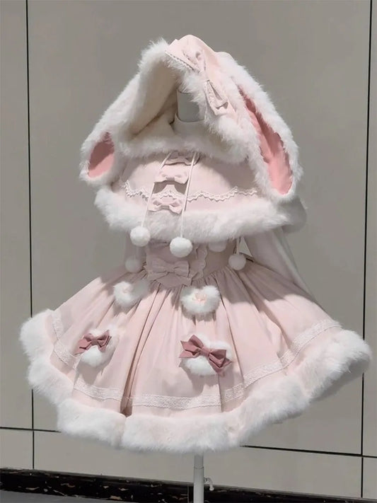 cute pink fur rabbit ears kawaii coat suit