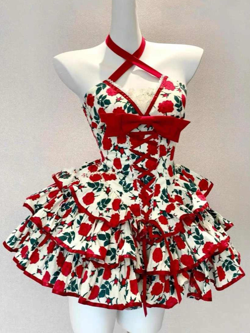 Halter Neck Red Rose Bow Tie Dress