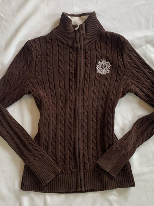 retro Brown Stand Collar Twist Sweater Jacket