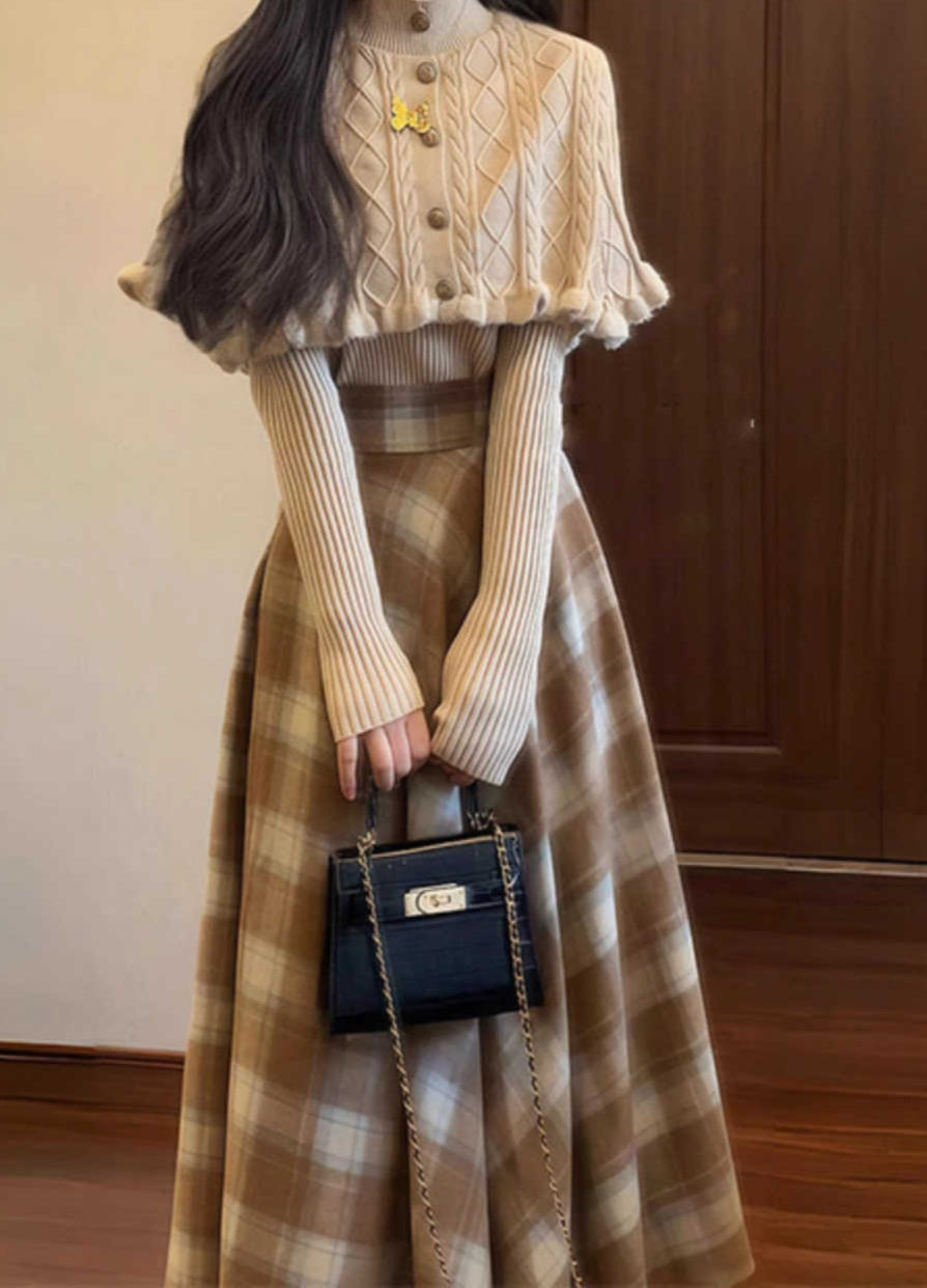 Preppy Sweater Cape Top Plaid Skirt Set