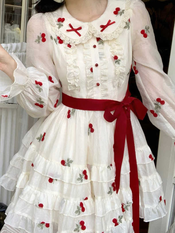 Cherry Embroidered Lace Long-sleeved Dress