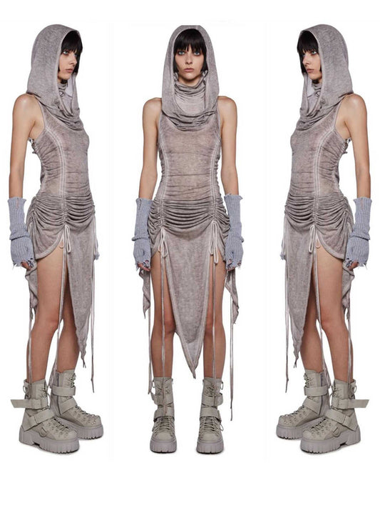 Wasteland Hooded Drawstring Pleated Slit Dress