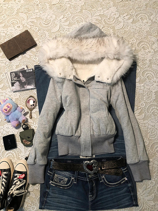 retro fur hooded slim sweatshirt