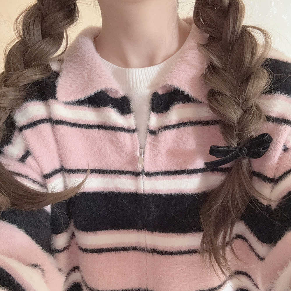 Preppy Striped Collar Furry Sweater